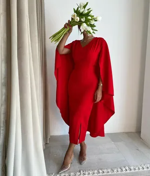 Elegante Curto Vermelho Crepe de Vestidos de Noite Com Cabo de Bainha V-Neck Vestido de Formatura, Chá de Comprimento فساتين السهرة para as Mulheres