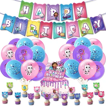 Gabby Casa De Bonecas De Meninas Gatos Tema Balões De Festas Feliz Aniversário Faixa De Látex Balão De Decoração De Bolo Topper Brinquedos