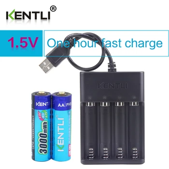 KENTLI 2pcs AA de 1,5 V 3000mWh de lítio recarregável de íon de lítio as baterias bateria + 4 slots do polímero do li-ion carregador de bateria