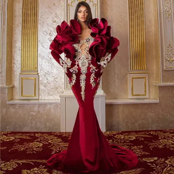 Elegante Veludo Vermelho Sereia Vestidos De 2022 Delicado Strass Longa Noite Vestidos De Babados De Um Ombro Vestidos Formais