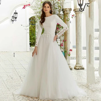 Elegante Laço Branco Muçulmano Vestidos De Noiva Para Mulheres 2023 Barco Pescoço Uma Linha De Vestidos De Noiva Completo Mangas Com Apliques De Arábia Saudita