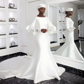 Africano de Vestidos de Noiva para Mulheres 2022 Noiva Sereia de Convidados do Casamento Vestidos Soltos de Manga Longa de Cetim Elegante vestidos de noiva