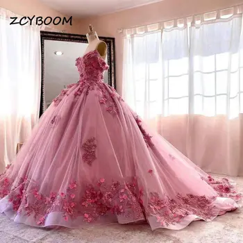 2022-De-Rosa Vestidos De Quinceanera Apliques Querida Flores De Formatura, Vestidos De Baile De Tule Elegante Princesa 15 Ballkleider