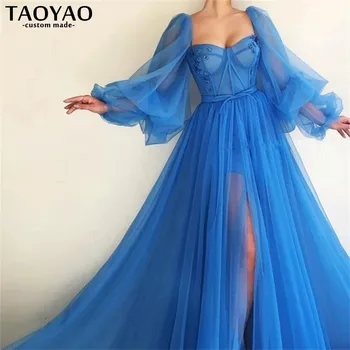 Azul Elegante Vestidos De Baile Longos Puffy Manga De Tule Sem Encosto Formal Vestidos De Festa À Noite Concurso De Beleza Vestidos De Vestes De Soirée