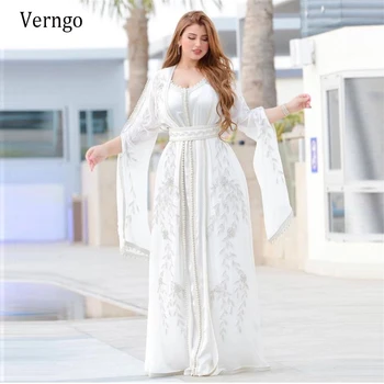 Verngo Nova Dubai Kaftan Branco Duas Peças, Vestidos De Noite De Seda Chiffon Decote Em V Longo Mangas Abertas Folha De Apliques De Renda Vestidos De Baile