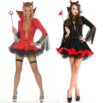 Carnaval Negra Quente Diabo Traje das Mulheres Vampiro Traje Cosplay Sexy Adulto Trajes de Halloween para as Mulheres de Vermelho Fantasia Vestido de Festa