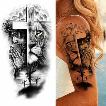 1pc Animal Leão Mulheres Impermeável Tatuagens Temporárias Falso Adesivos Braço Sol de Arte Negra Cruz, Jesus 3D Orando Moda, Decoração