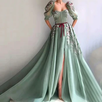Boêmio árabe Verde Menta de Uma linha de Divisão de Vestidos de Baile 2021Half Mangas Flores em 3D Frisado Festa Formal Vestido de Noite