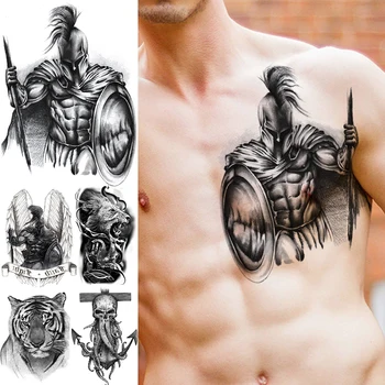 3D Preto Grande Guerreiro Escudo de Tatuagens Temporárias Para os Homens Adultos Âncora Leão Tigre Asas Realista Fake Tattoo Tatuagens no Peito