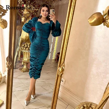 Romântico Cetim Vestido De Noite Querida Completo Mangas De Comprimento Chá Arábia Saudita Curto Prom Vestidos De Dubai Para As Mulheres Plus Size Dubai
