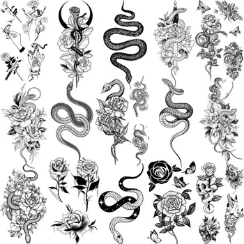 Realista Cobra Tatuagens Temporárias Para As Mulheres Adultas Da Menina De Flor De Rosa Peônia Borboleta Fake Tattoo Pescoço, Braço, Mãos Pequenas Tatuagens De Decalque