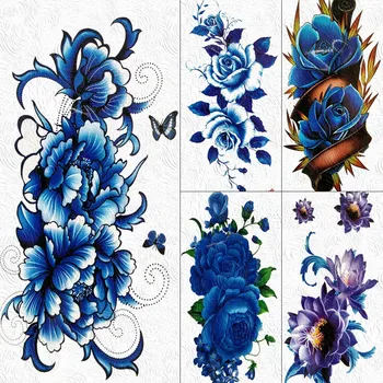Falsos Grande Impermeável Azul Flor da Rosa Peônia Tatuagens Temporárias Para as Mulheres, Meninas Adesivo de Arte no Corpo, Braço Papel de Tatuagem 3D Flora Tatoos