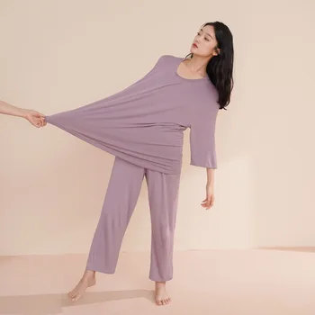 Pijama Conjunto Modal Homewear Das Mulheres Casual, Roupa De Cor Sólida Para Casa Roupas De Gola Redonda Sono Terno De Manga Longa Solta Sleepwear