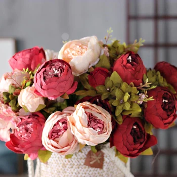 Alta Qualidade 6Heads 2Buds Europeu de Flores Artificiais Peônia Rosa de Seda Flor DIY Buquê de Noiva para Casa a Festa de Casamento Decoração