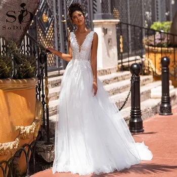 SoDigne Boho Casamento de Praia Vestidos de 2022 Appliqued Lace com decote em V sem encosto Vestido de Noiva Tull Princesa Vestidos de Casamento Plus Size