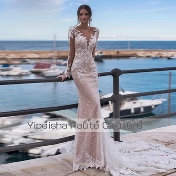 Yipeisha Elegante Decote em V Sereia Vestidos de Noiva com Applique Luva Cheia de Noiva, Vestidos de Pele Nua de Adornos das Mulheres Vestido de 2022 Verão