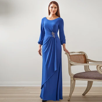 Azul elegante Mãe Da Noiva Vestidos de Colher Pescoço Mangas compridas do Assoalho-Comprimento Vestido de Festa de Casamento de Cetim Plissado فستان سهرة 2022