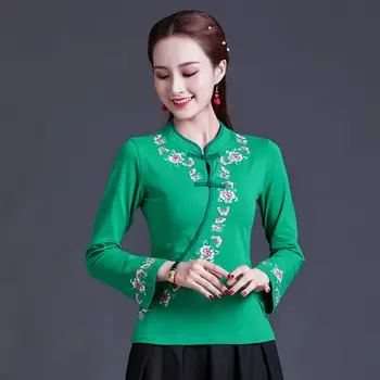 Cheongsam das Mulheres Plus Size Tops 2022 Outono Mistura de Algodão Bordado de Splicing irregular Chinês de Estilo Retro Qipao Camisas de Mulher