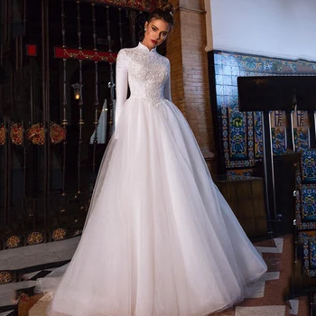 2022 Literário e de estilo simples, Decote em V Vestido de Noiva de Cetim Lace A Linha Saia de Noiva Vestidos de Inverno de Manga Longa do Vestido de Casamento