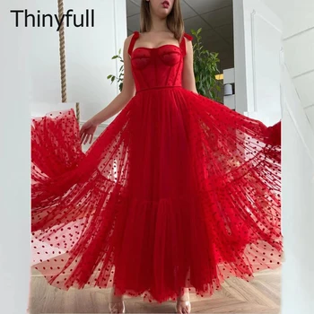 Thinyfull Elegante Tule Vermelho Midi Festa De Casamento Vestidos De Arco Tiras De Bolinhas Querida Vestidos De Baile Do Tornozelo-Comprimento De Vestidos De Noite