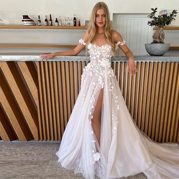Sevintage Boho Vestidos de Casamento do Laço Apliques de Flores em 3D Ombro Fora Uma Linha de Vestidos de Noiva de Praia Vestido de Noiva Feito