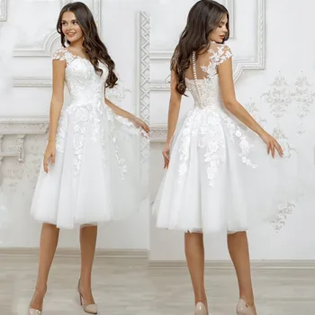 Elegante V-Pescoço Curto Vestido De Casamento A-Linha Apliques De Renda Princesa Vestido De Noiva 2022 Botão De Tule Vestido De Noiva