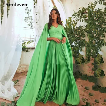 Smileven Verde Chiffon Vestido De Noite Formal, Com O Xale De Pregas Vestidos De Baile Decote Em V Arábia Saudita Vestido De Festa Formal