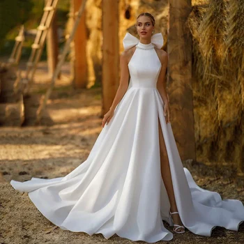UZN Uma Linha Elegante Marfim Cetim Vestidos de Casamento O Pescoço Ombro do Bowknot Asa de Vestidos de Noiva Simples Vestido de Casamento De 2023 Vestes De Marié