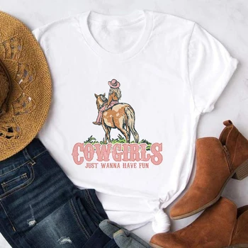 Cowgirls Ter O Divertimento Retro País Ocidental Gráfica Tees As Mulheres Cavalo De Rodeio Vintage Tshirt Cowgirl Verão Solto Bonito T-Shirt Boho Topo