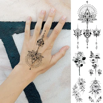 Impermeável Da Etiqueta Temporária Tatuagem Henna Preta De Renda De Arabian Lotus Totem Flor Flash Tatoo Mulher Dedo Arte Do Corpo Falso Tatto Homem