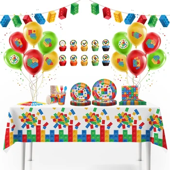 Colorido Bloco De Construção De Festas Talheres Descartáveis Cup Cake Topper Balão De Pano De Fundo Para As Crianças Da Festa De Aniversário De Decorações
