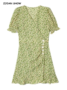 2022 Retro, Floral Verde Cruz de pescoço de V Fenda Frontal Camisa Mini-Vestido de Mulher Babados Bainha Curta Puff Manga Chá Vestidos de Férias Manto