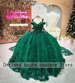 Luxo Verde Esmeralda Rendas Vestidos de Quinceanera Vestido de baile 2023 Frisado Com 3D Flor de Aniversário Vestido de Festa Vestido De 15 Anos